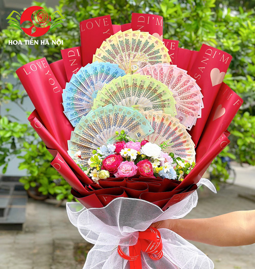 Bó hoa tiền xòe quạt 6 mệnh giá tiền