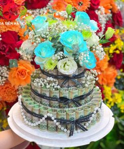 Bánh sinh nhật bằng tiền 100k xanh lam trắng