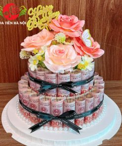 Cốt bánh sinh nhật bằng tiền 2 tầng màu hồng phấn