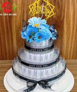 Cốt bánh sinh nhật bằng tiền 3 tầng tone xanh biển