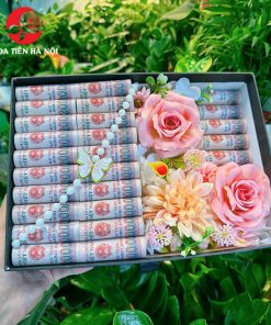 Hộp hoa tiền 25 tờ tiền tone hồng phấn