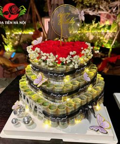 Bánh sinh nhật bằng tiền 100k trái tim 3 tầng