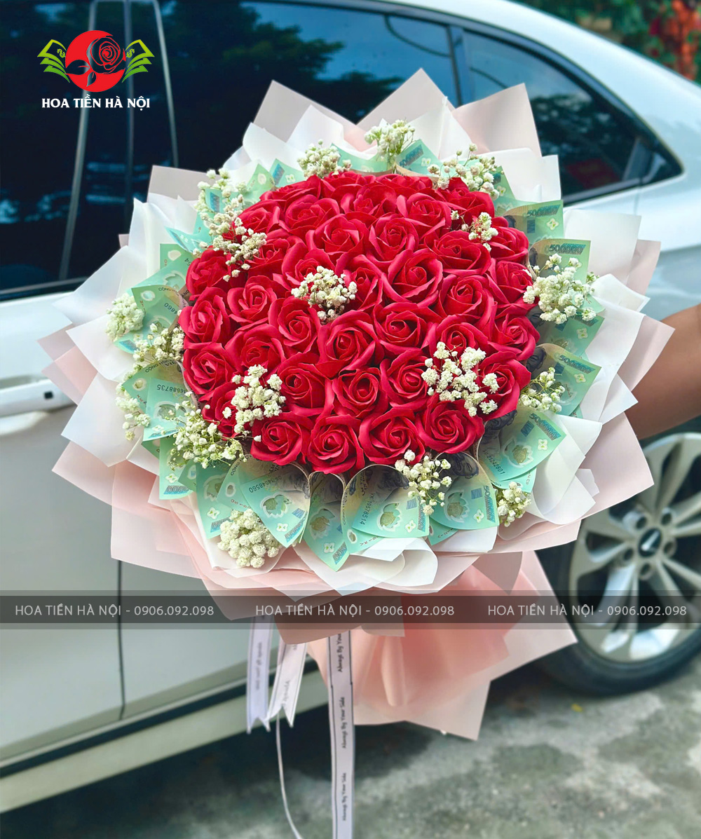 Bó hoa tiền 500k mix hoa hồng đỏ