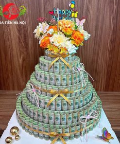 Bánh sinh nhật bằng tiền 7 tầng tone vàng gold